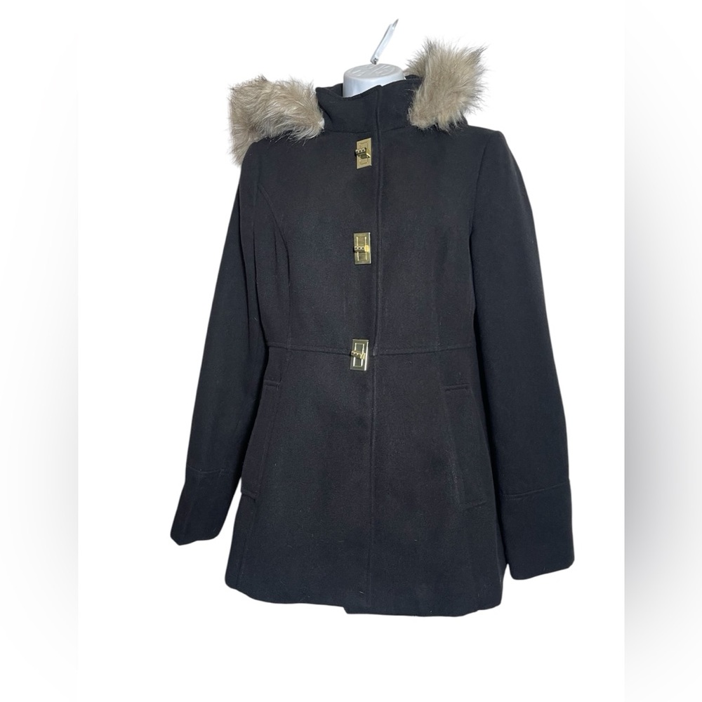 Maralyn & Me coat Juniors size medium Faux Fur Trim Hooded Black Coat
